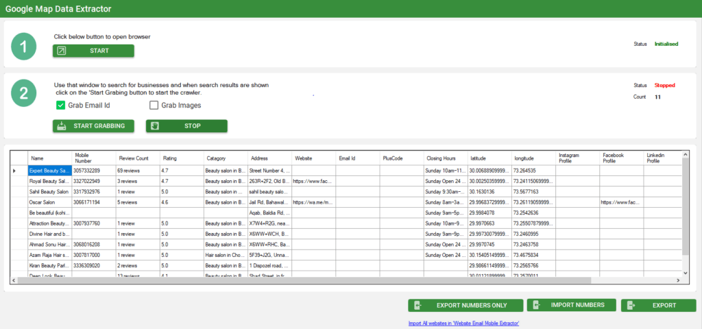 Grabing of data from the Best Google Map Data Extractor